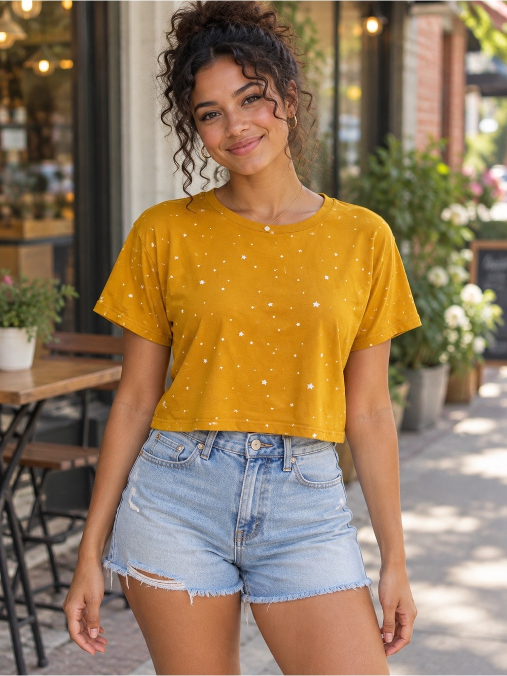 Messy Bun Just Chillin’ Mustard Yellow White Star Print Crop Tee